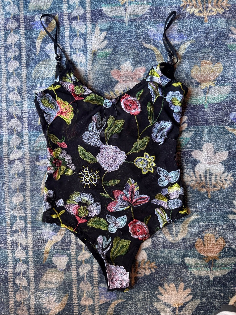Honey Punch Black Floral Embroidered Bodysuit with Multicolor Flowers